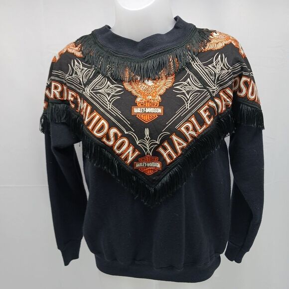 Vintage Harley Davidson Fringe Sweatshirt Black & Orange Graphic Biker Crewneck - Picture 3 of 11